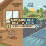Flat design cover comparing composting toilet and septic options for off-grid living