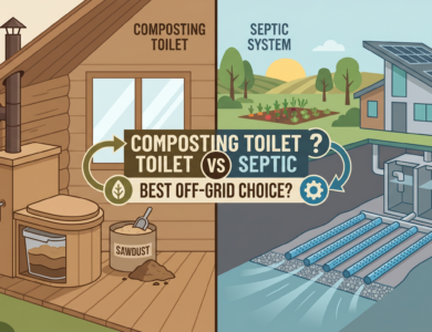 Flat design cover comparing composting toilet and septic options for off-grid living