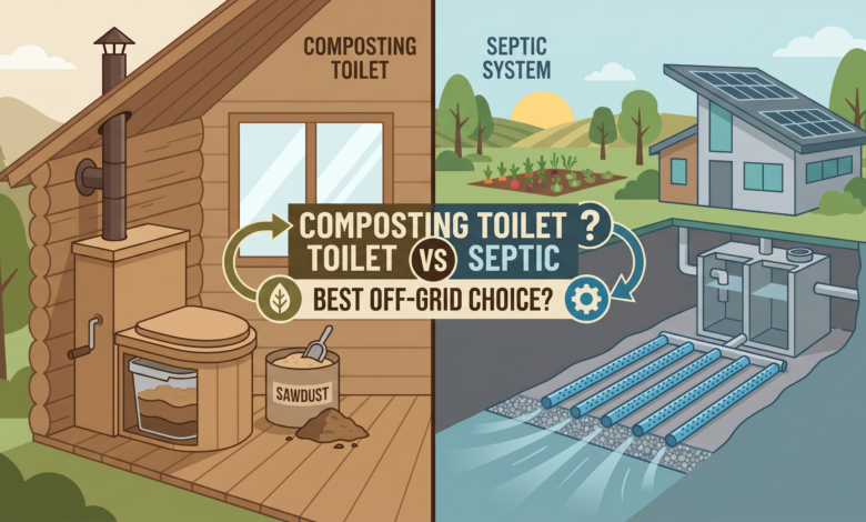 Flat design cover comparing composting toilet and septic options for off-grid living
