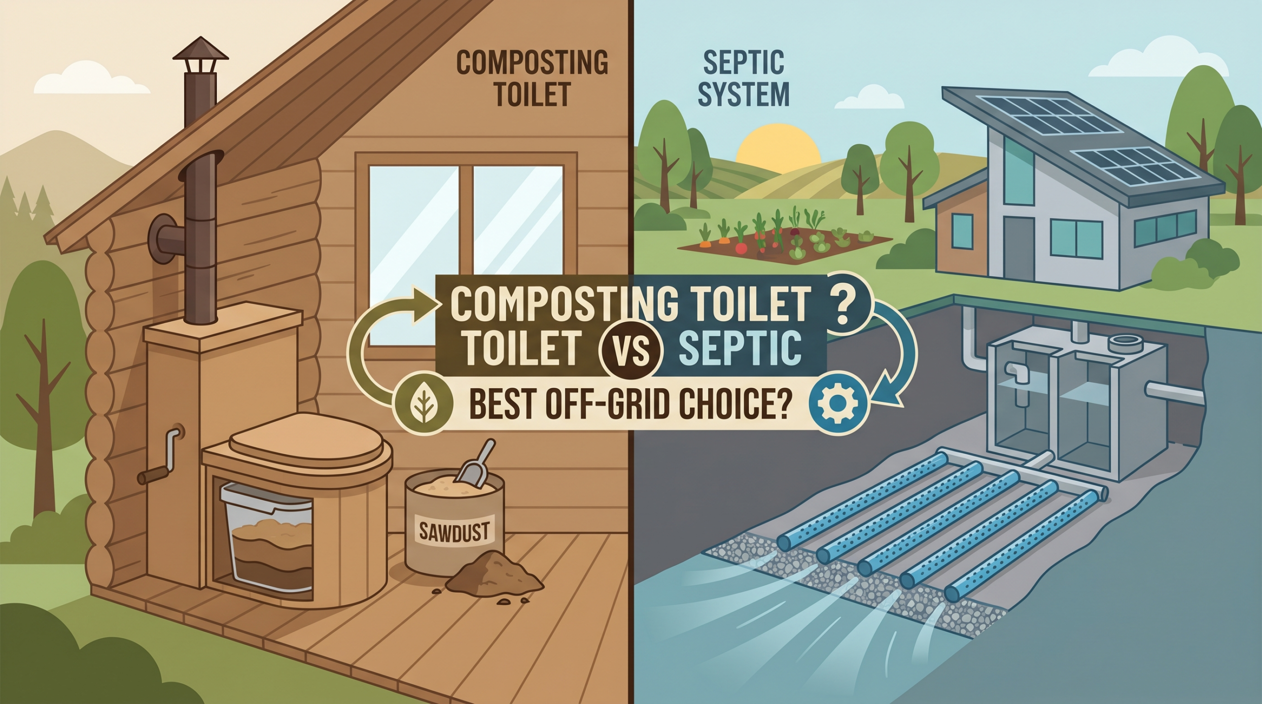 Flat design cover comparing composting toilet and septic options for off-grid living