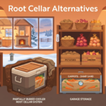 Flat design cover showing root cellar alternatives for storing food without a basement