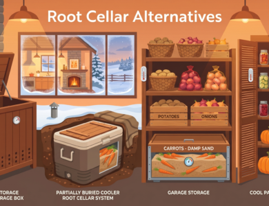 Flat design cover showing root cellar alternatives for storing food without a basement