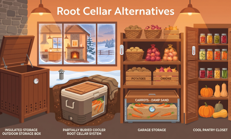 Flat design cover showing root cellar alternatives for storing food without a basement