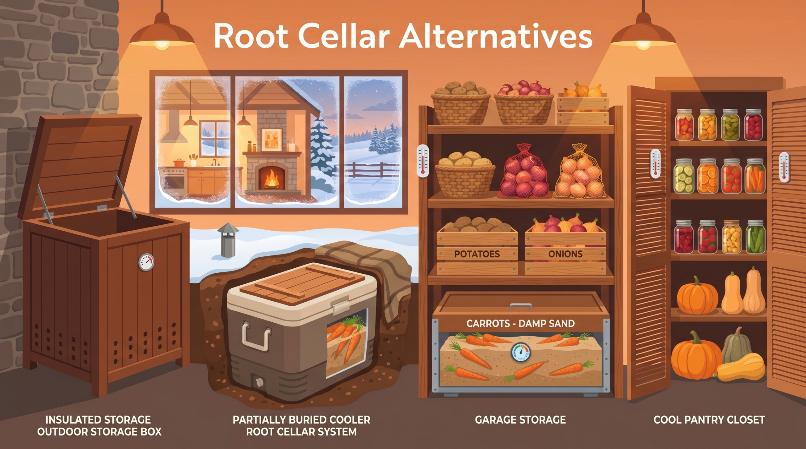 Flat design cover showing root cellar alternatives for storing food without a basement