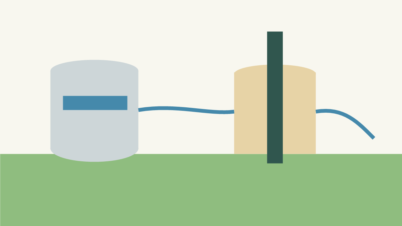 Flat design illustration of a homestead water cistern, well casing, and water line for off-grid storage