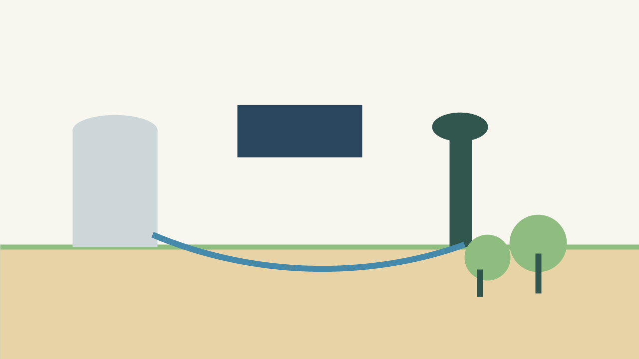 Flat design illustration of an off-grid water backup plan with solar pump, cistern, well, and trees solar well pump for off-grid homestead