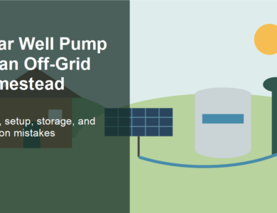 Solar well pump for an off-grid homestead with panels, water tank, cabin, and well pump