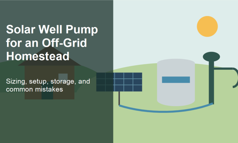 Solar well pump for an off-grid homestead with panels, water tank, cabin, and well pump