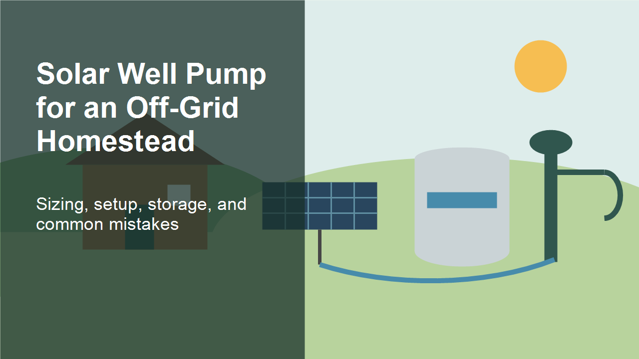 Solar well pump for an off-grid homestead with panels, water tank, cabin, and well pump